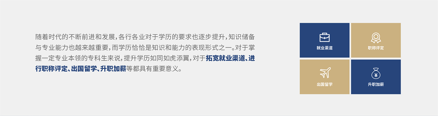 随着时代的不断前进和发展，各行各业对于学历的要求也逐步提升，知识储备与专业能力也越来越重要，而学历恰恰是知识和能力的表现形式之一。对于掌握一定专业本领的专科生来说，提升学历如同如虎添翼，对于拓宽就业渠道、进行职称评定、出国留学、升职加薪等都具有重要意义。